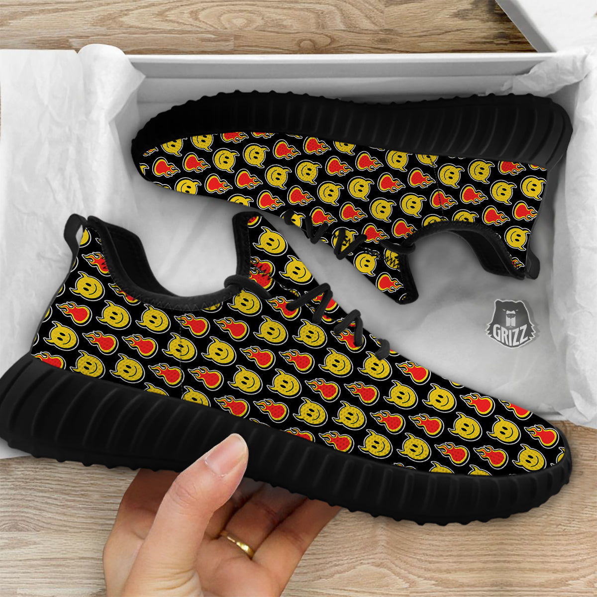 Emoji Fire And Devil Cute Print Pattern Black Walking Shoes-grizzshop