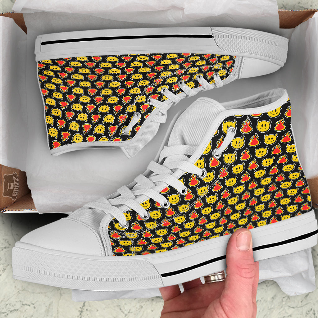 Emoji Fire And Devil Cute Print Pattern White High Top Shoes-grizzshop