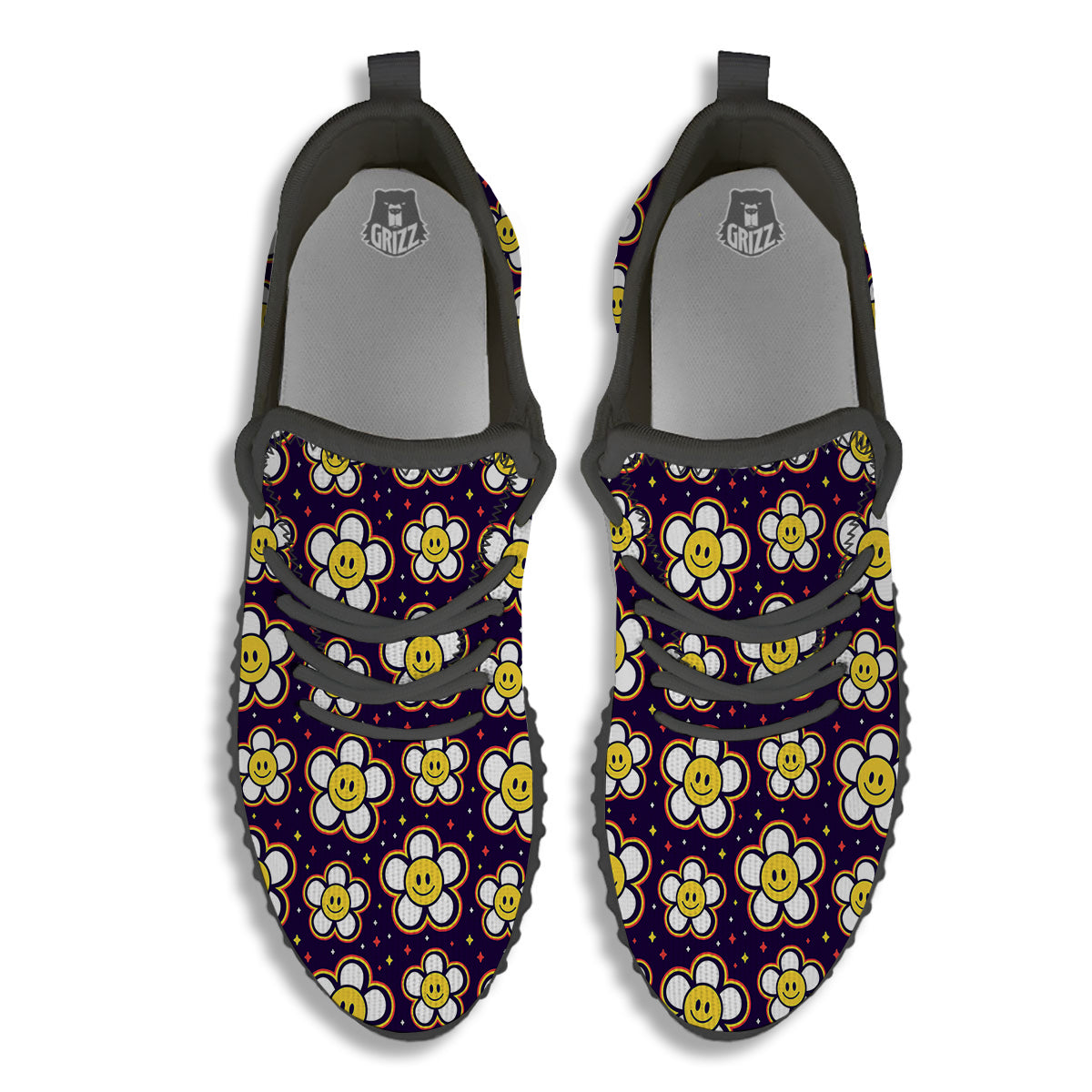 Emoji Flower Smile Print Pattern Black Walking Shoes-grizzshop