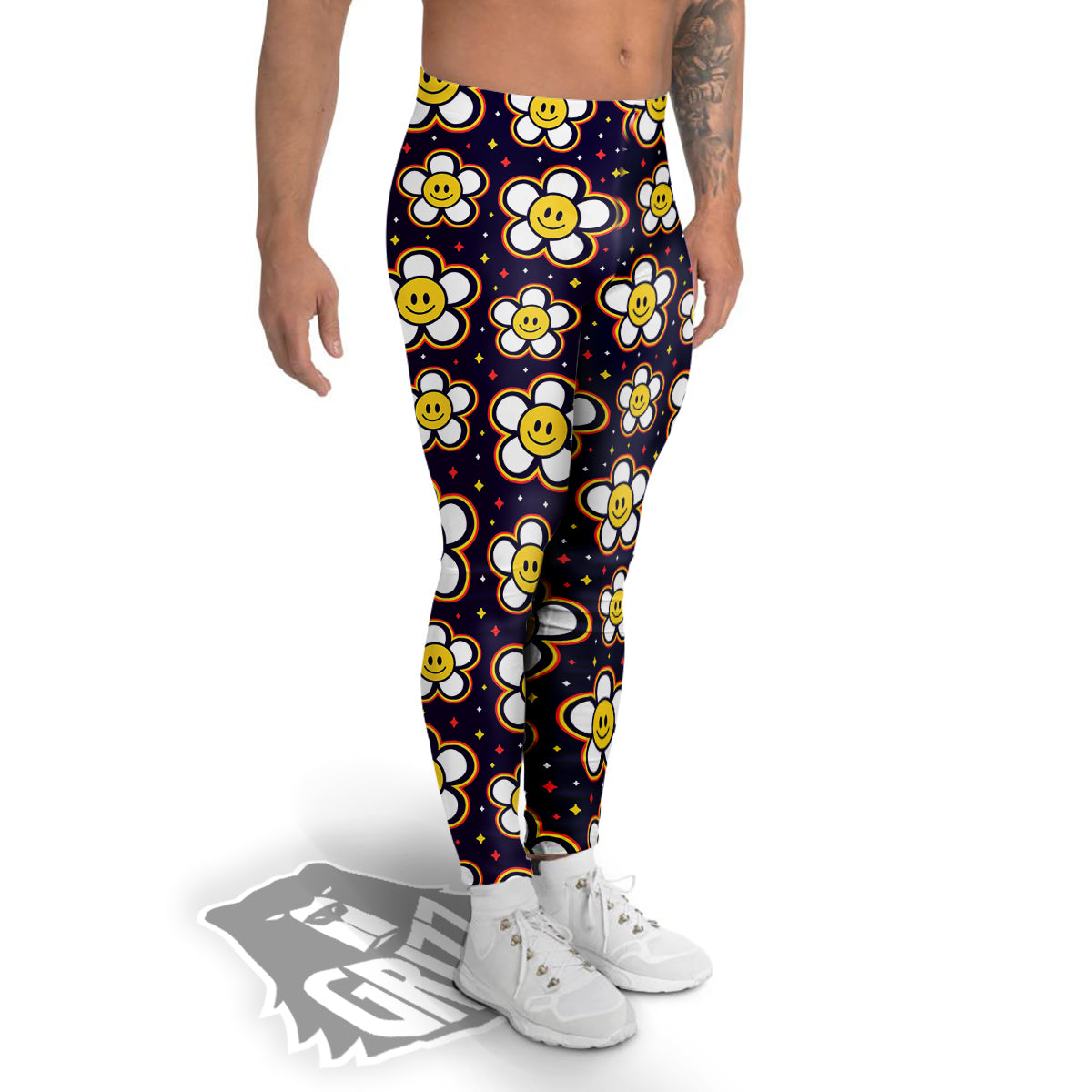 Emoji Flower Smile Print Pattern Men's Leggings-grizzshop