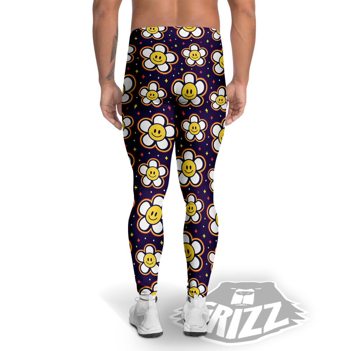 Emoji Flower Smile Print Pattern Men's Leggings-grizzshop