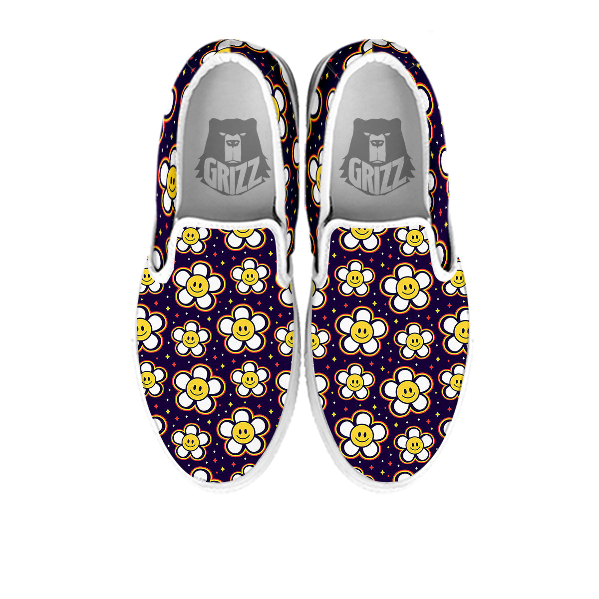 Emoji Flower Smile Print Pattern White Slip On Shoes-grizzshop