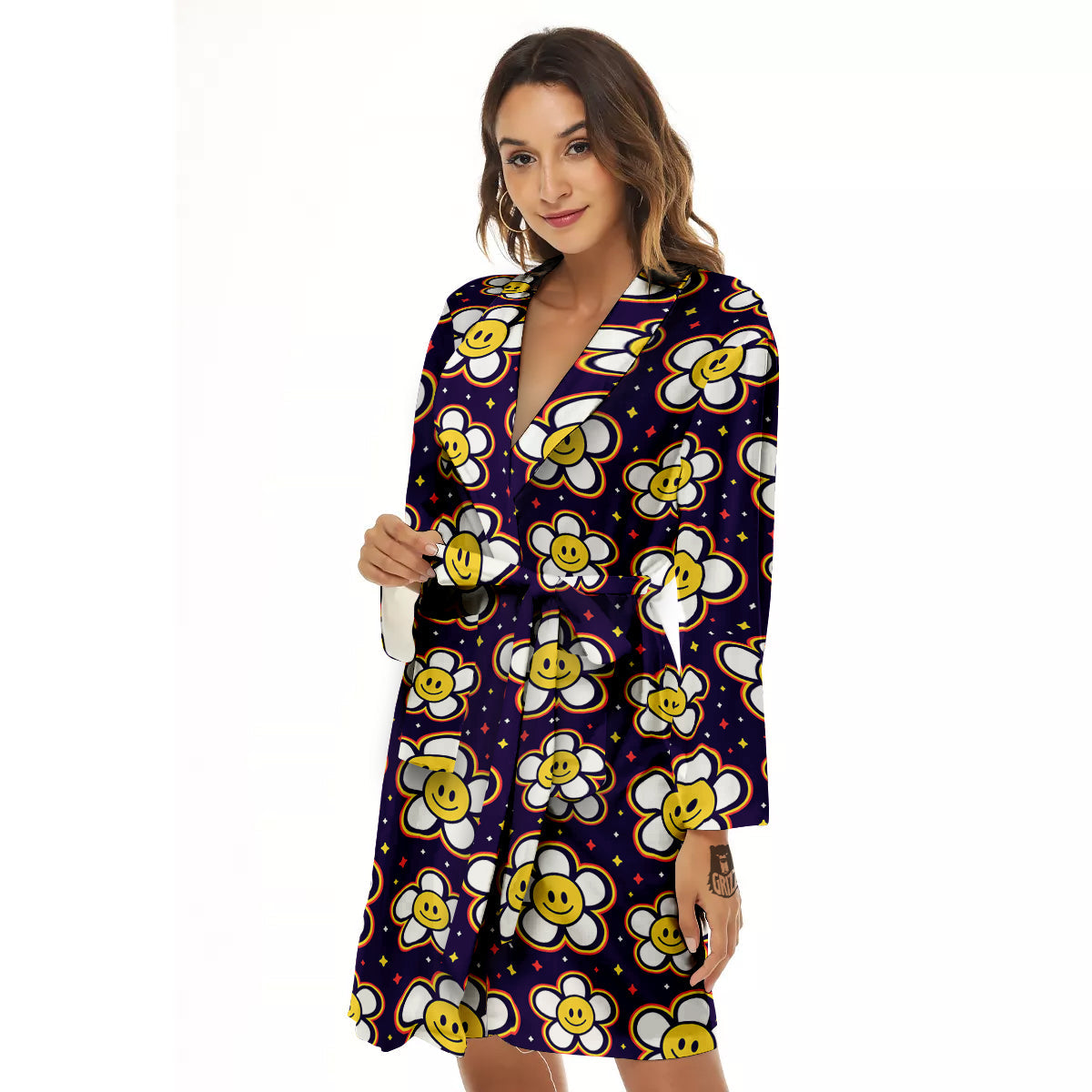 Emoji Flower Smile Print Pattern Women's Robe-grizzshop