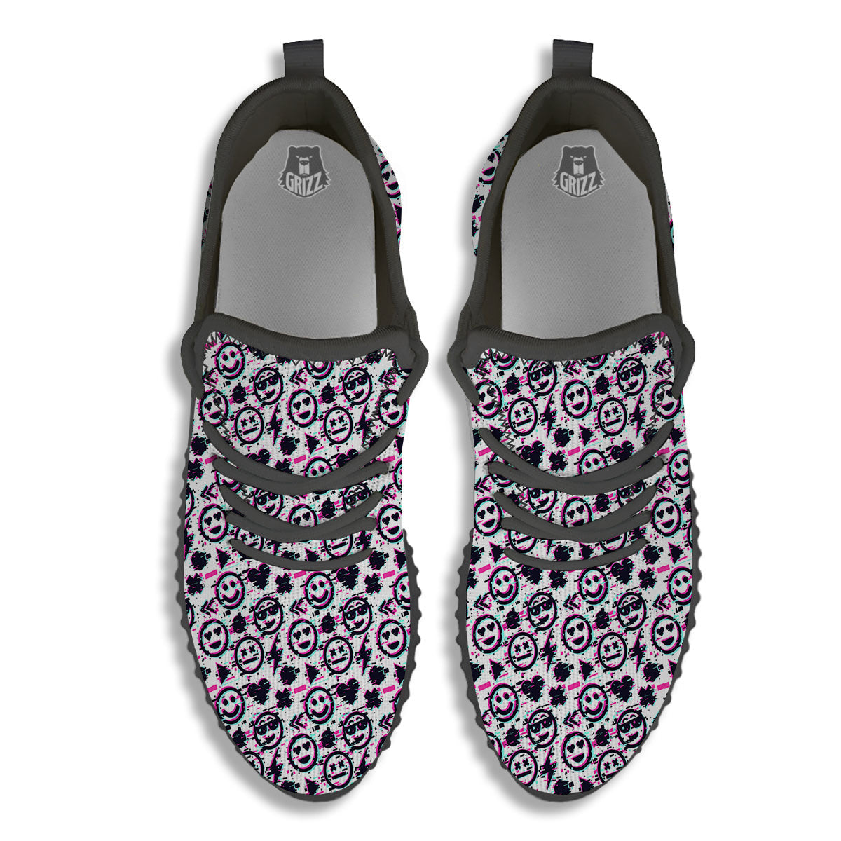 Emoji Glitch Neon Print Pattern Black Walking Shoes-grizzshop