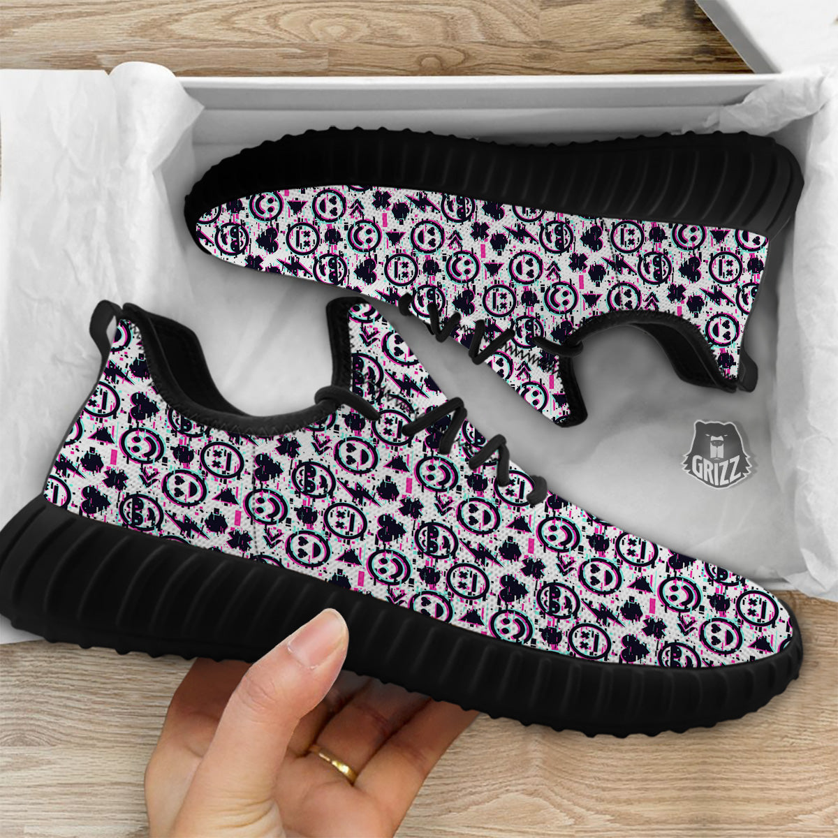Emoji Glitch Neon Print Pattern Black Walking Shoes-grizzshop