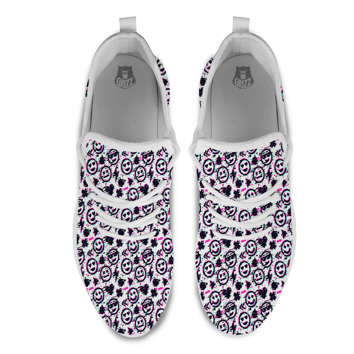 Emoji Glitch Neon Print Pattern White Athletic Shoes-grizzshop