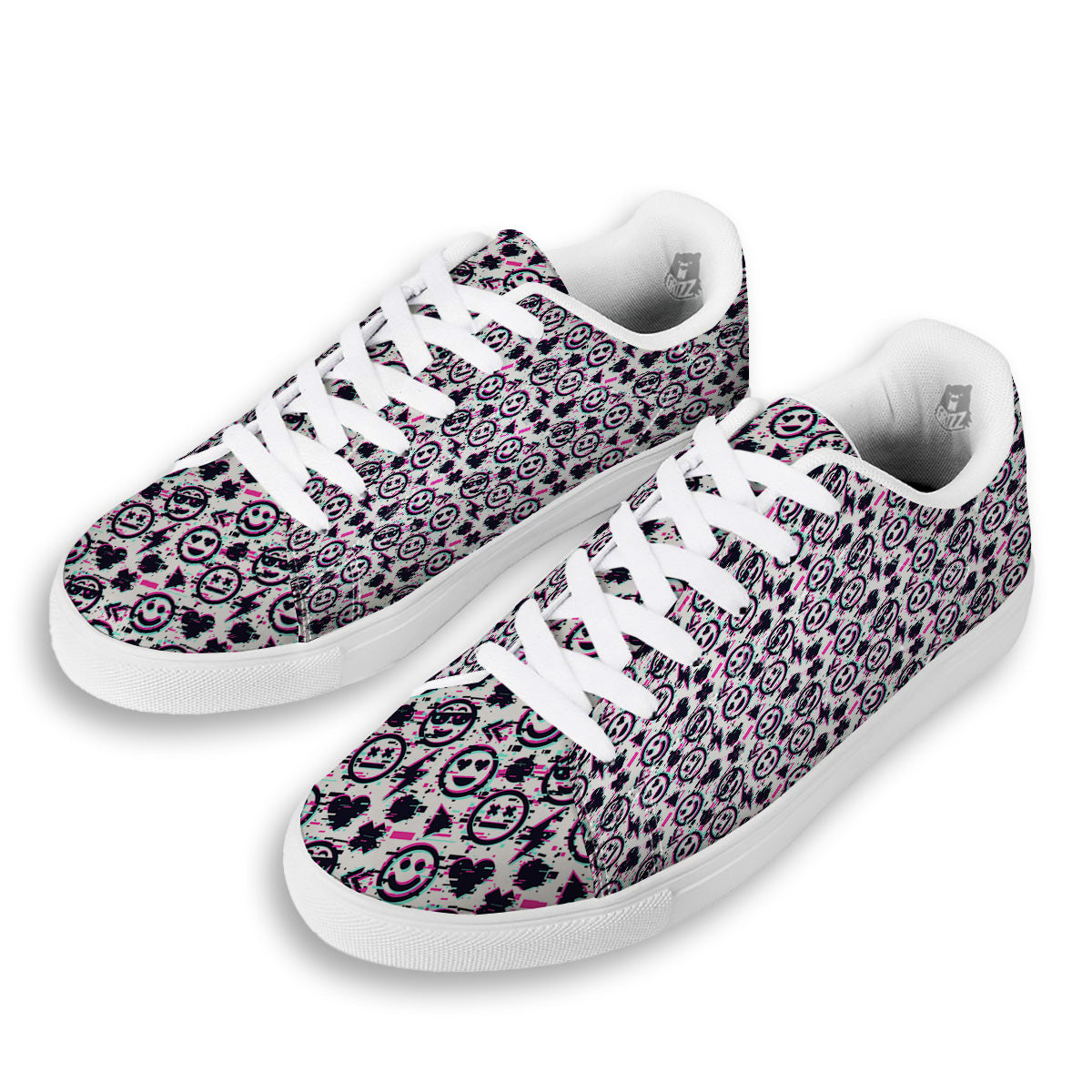 Emoji Glitch Neon Print Pattern White Low Top Sneakers-grizzshop