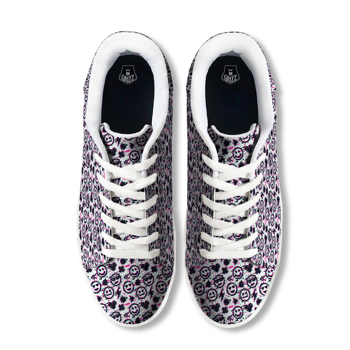 Emoji Glitch Neon Print Pattern White Low Top Sneakers-grizzshop