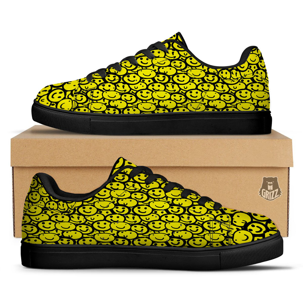 Emoji Graffiti Happy Print Pattern Black Low Top Sneakers-grizzshop