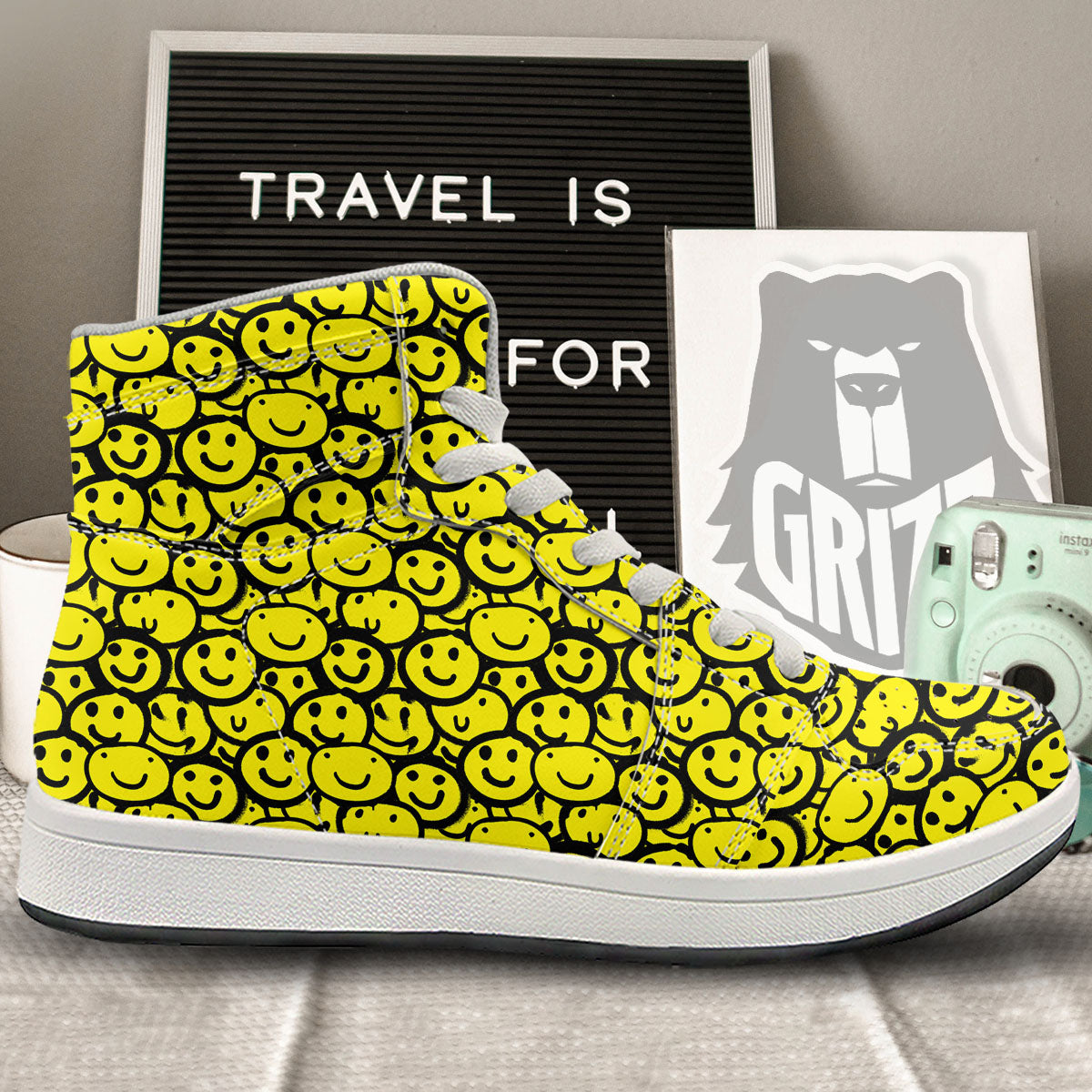 Emoji Graffiti Happy Print Pattern High Top Sneakers-grizzshop