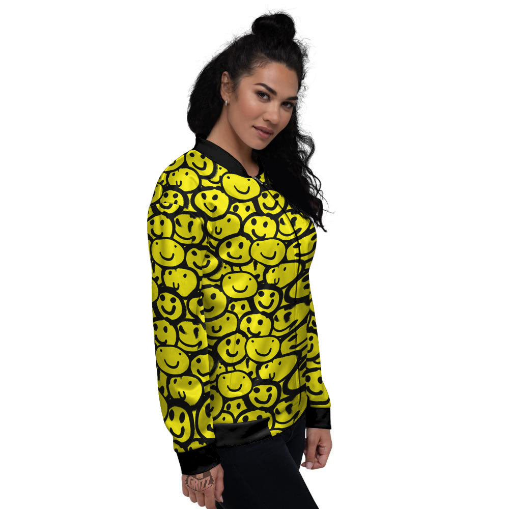 Emoji Graffiti Happy Print Pattern Women's Bomber Jacket-grizzshop
