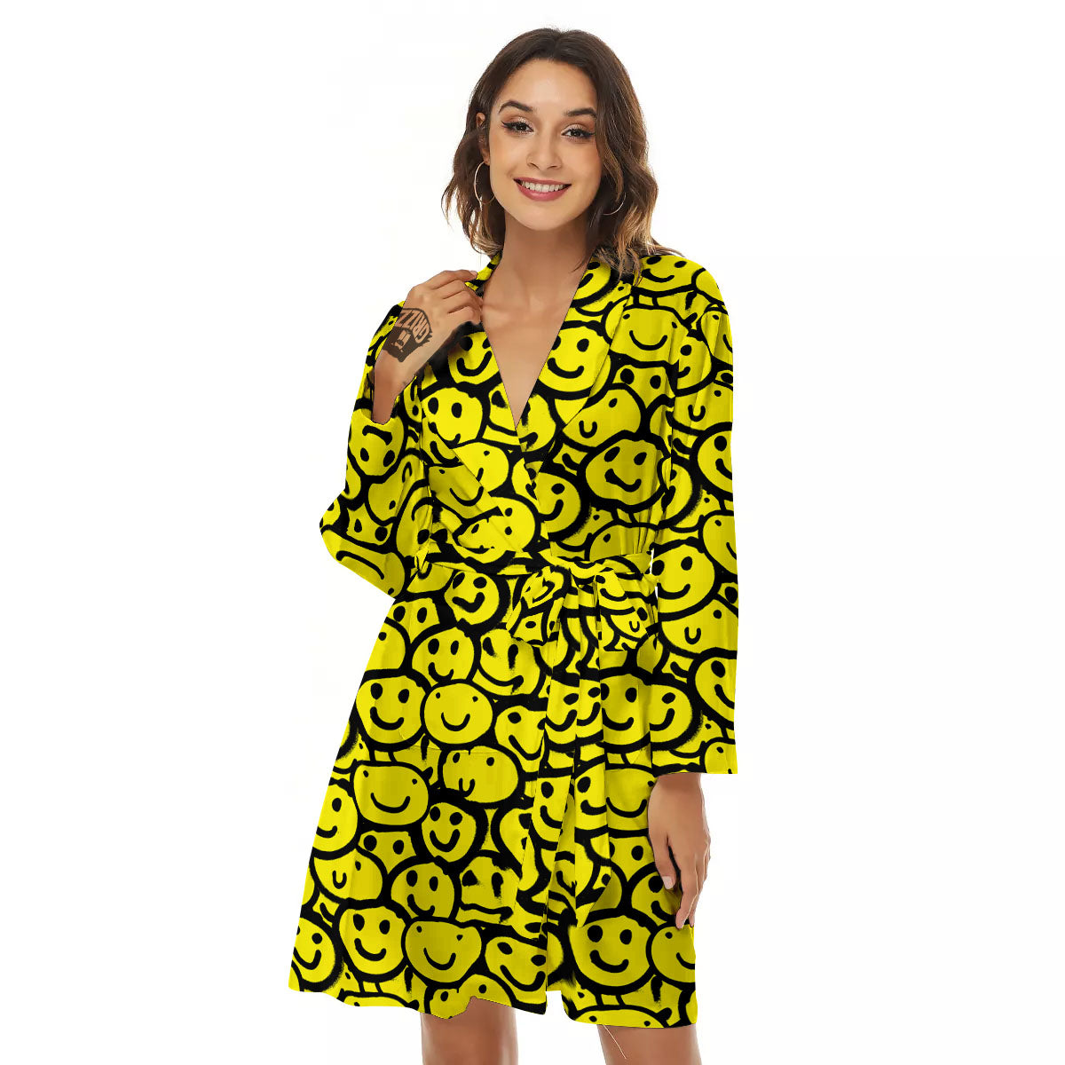 Emoji Graffiti Happy Print Pattern Women's Robe-grizzshop