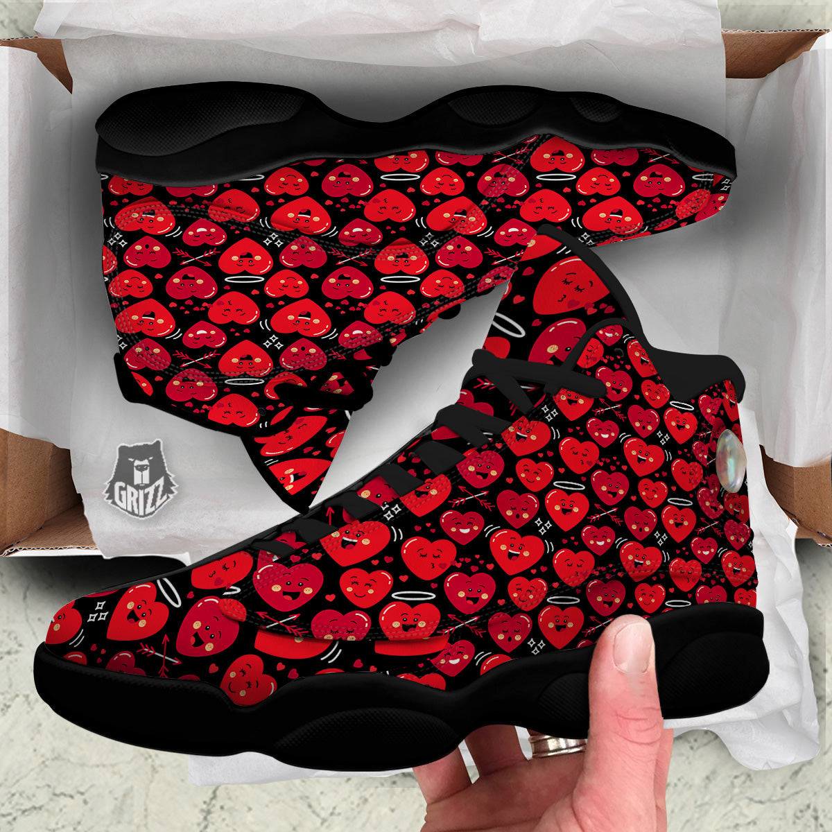 Emoji Hearts Print Pattern Black Basketball Shoes-grizzshop