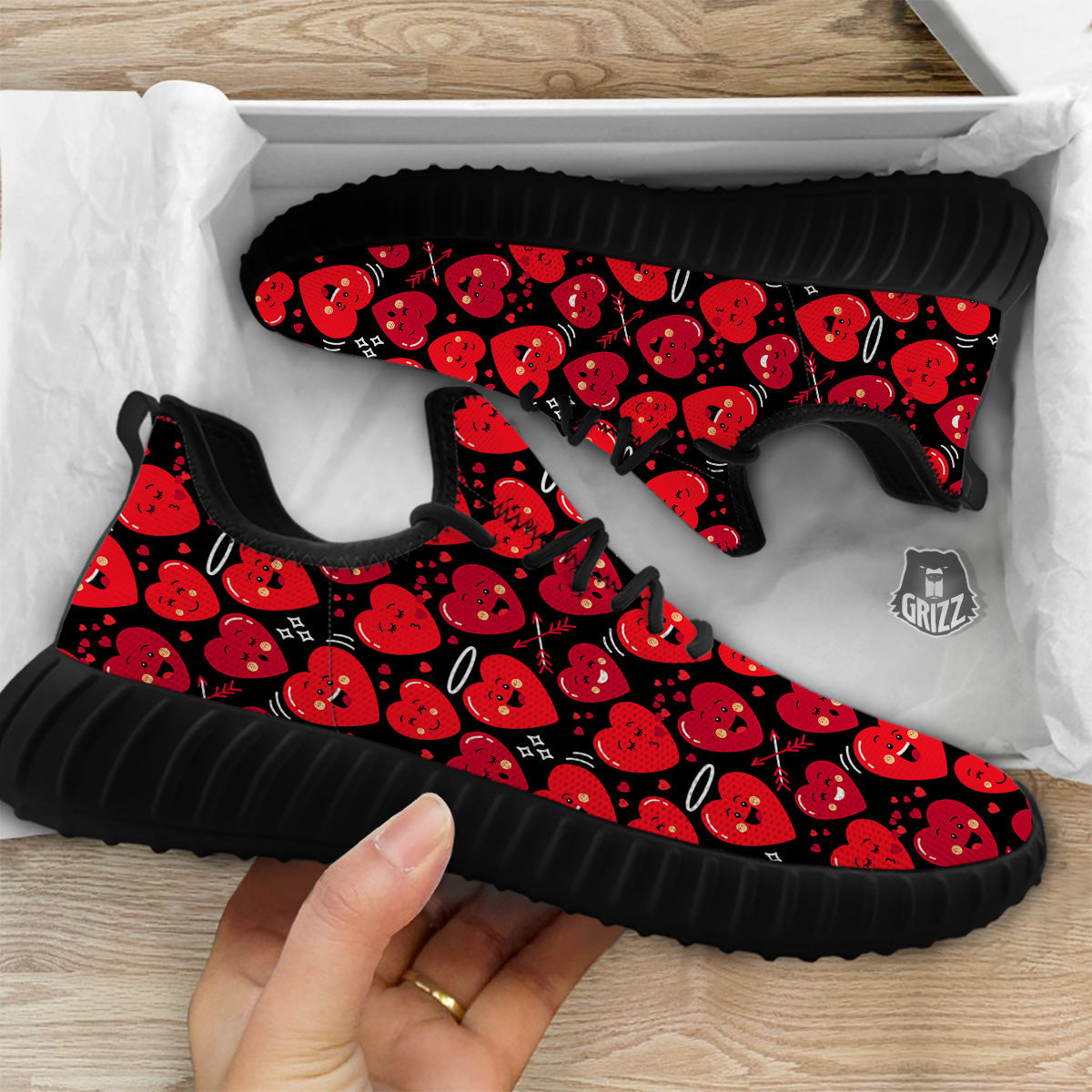 Emoji Hearts Print Pattern Black Walking Shoes-grizzshop