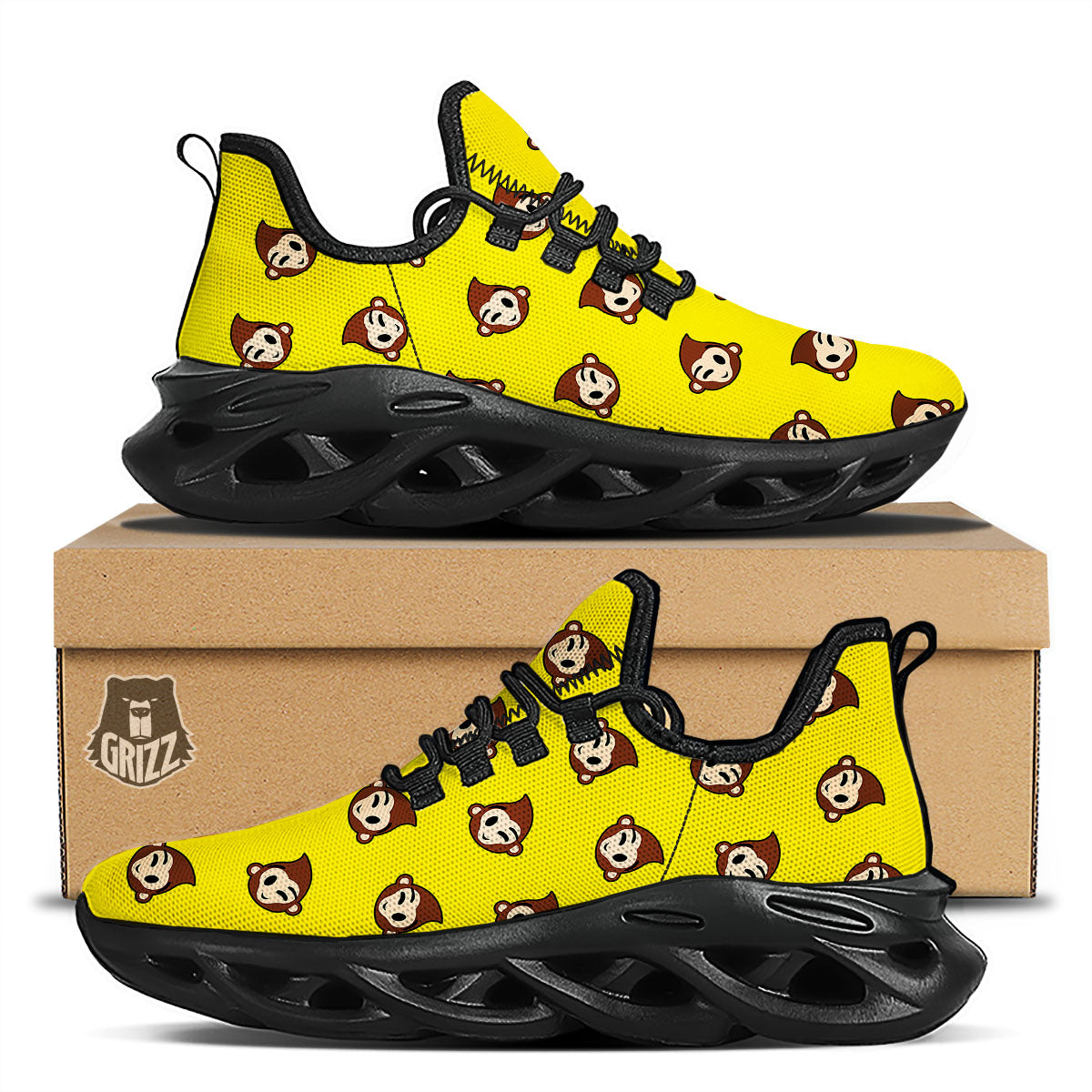 Emoji Monkey Print Pattern Black Running Shoes-grizzshop