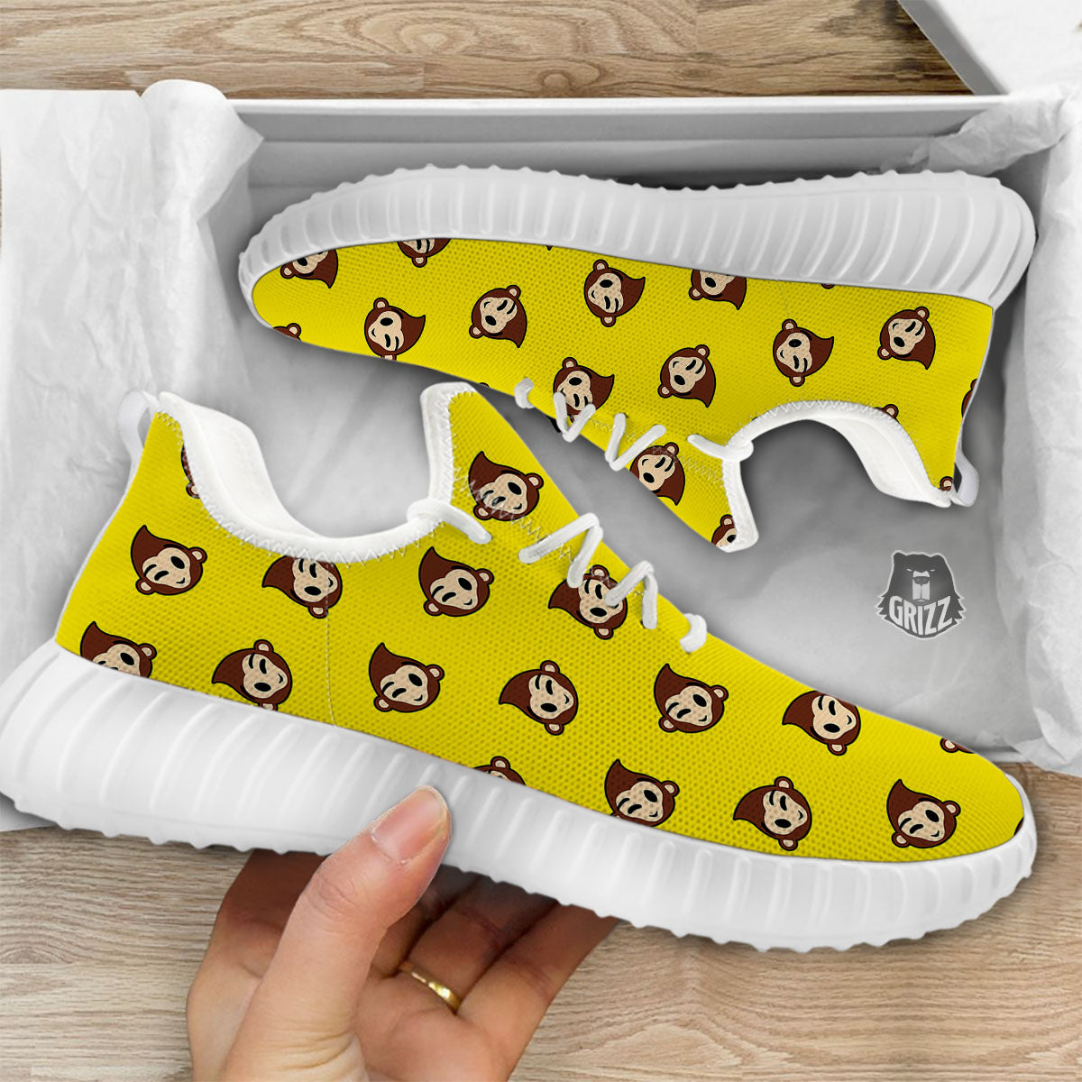 Emoji Monkey Print Pattern White Walking Shoes-grizzshop