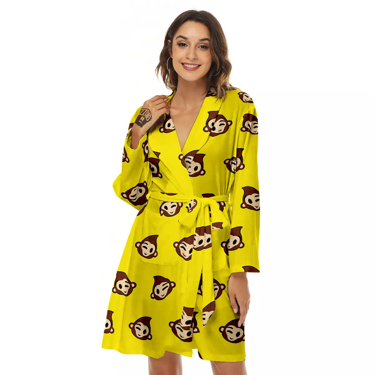 Emoji Monkey Print Pattern Women's Robe-grizzshop