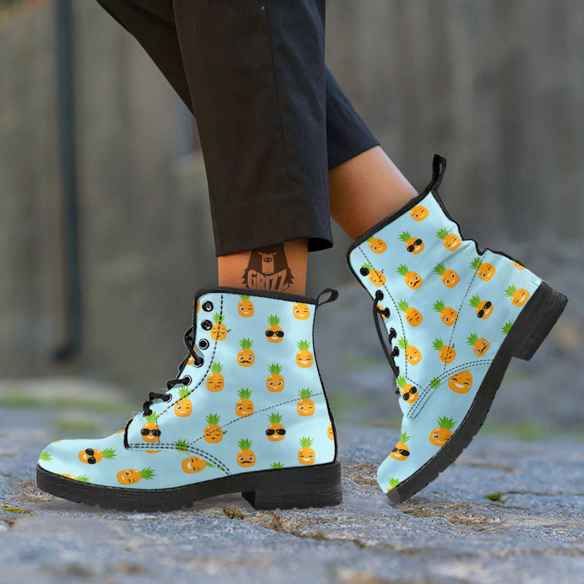 Emoji Pineapple Print Pattern Leather Boots-grizzshop