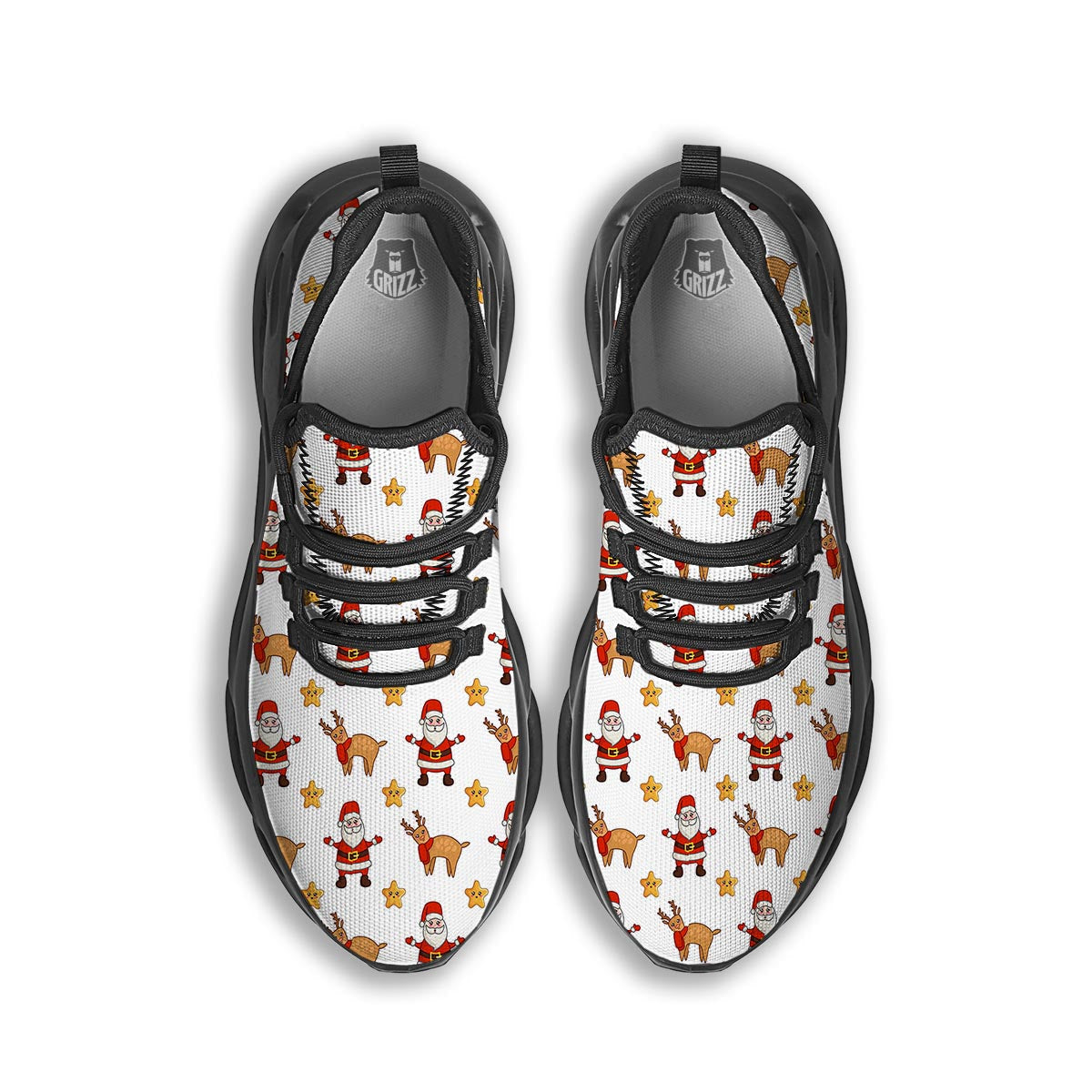 Emoji Reindeer And Santa Claus Print Pattern Black Running Shoes-grizzshop