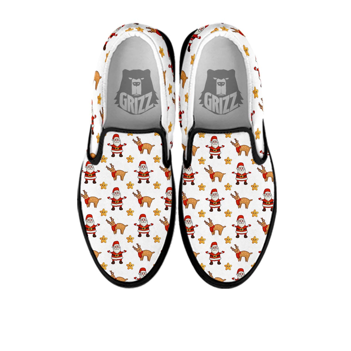 Emoji Reindeer And Santa Claus Print Pattern Black Slip On Shoes-grizzshop