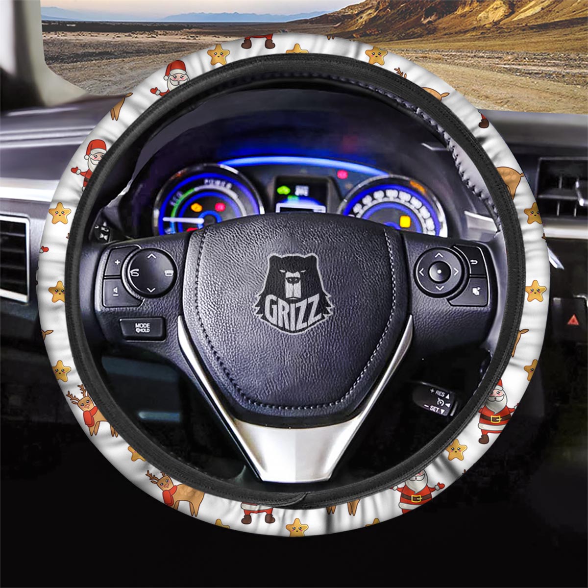 Emoji Reindeer And Santa Claus Print Pattern Car Steering Wheel Cover-grizzshop