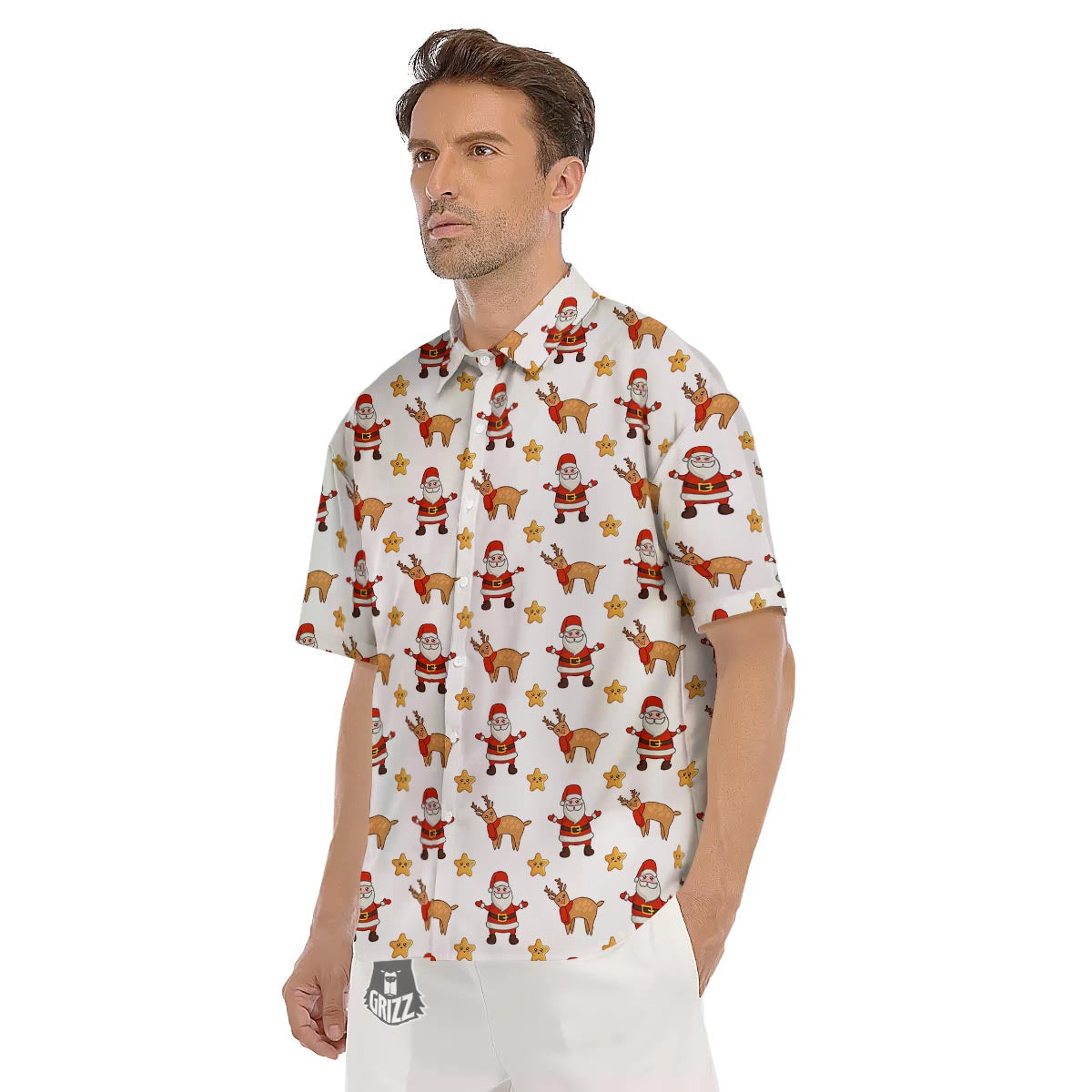 Emoji Reindeer And Santa Claus Print Pattern Men's Short Sleeve Shirts-grizzshop