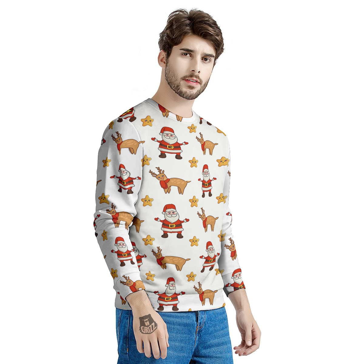 Emoji Reindeer And Santa Claus Print Pattern Men's Sweatshirt-grizzshop