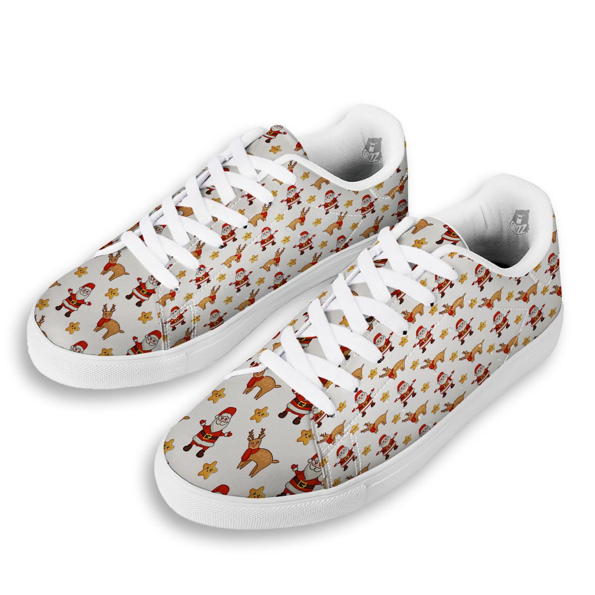 Emoji Reindeer And Santa Claus Print Pattern White Low Top Sneakers-grizzshop