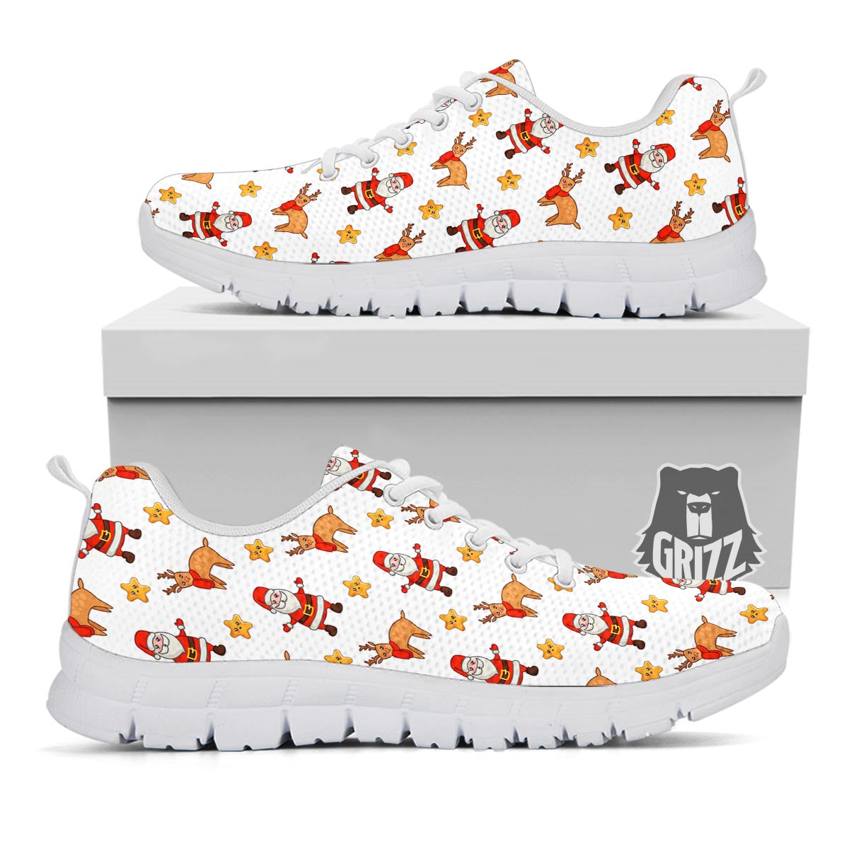 Emoji Reindeer And Santa Claus Print Pattern White Sneaker-grizzshop
