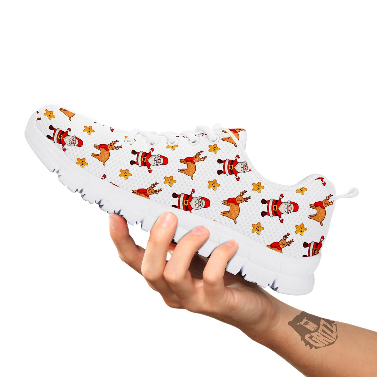 Emoji Reindeer And Santa Claus Print Pattern White Sneaker-grizzshop