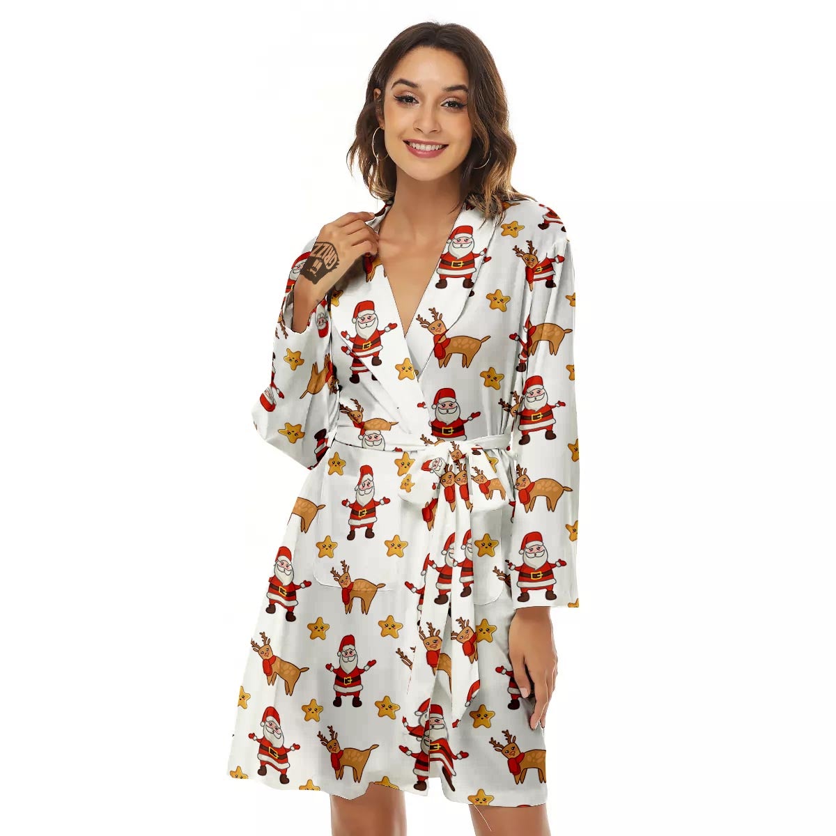Emoji Reindeer And Santa Claus Print Pattern Women's Robe-grizzshop