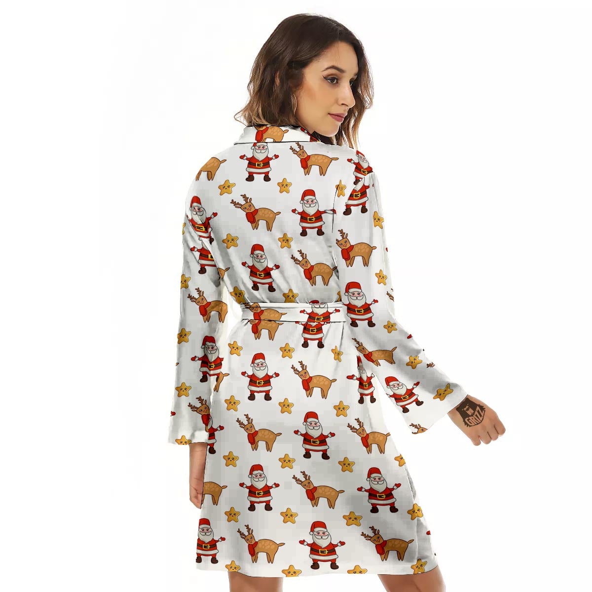 Emoji Reindeer And Santa Claus Print Pattern Women's Robe-grizzshop