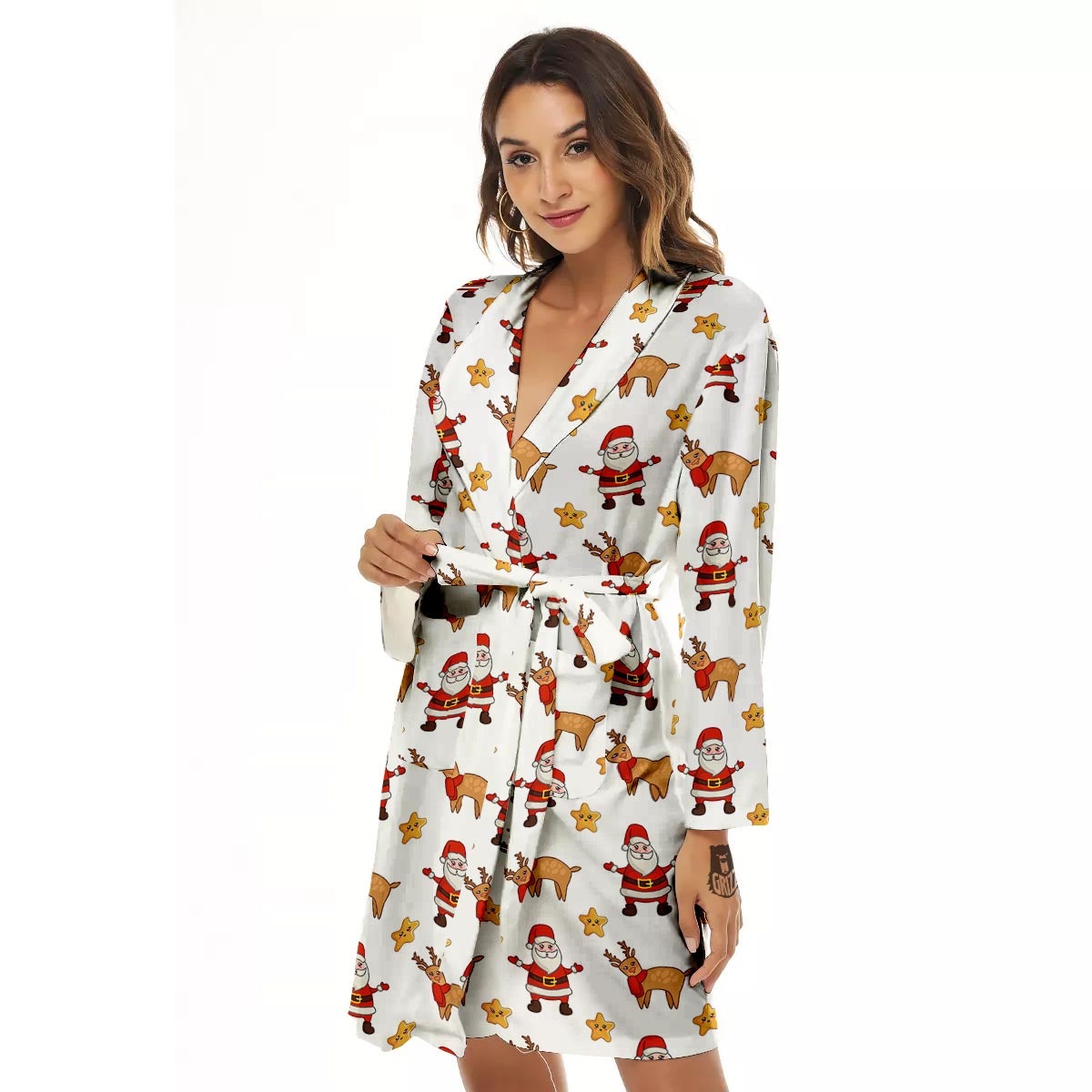 Emoji Reindeer And Santa Claus Print Pattern Women's Robe-grizzshop