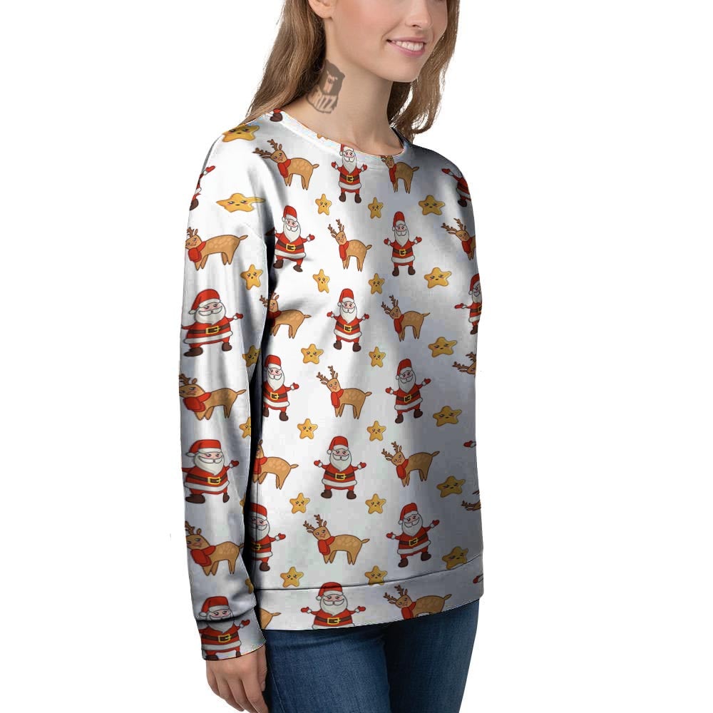 Emoji Reindeer And Santa Claus Print Pattern Women's Sweatshirt-grizzshop