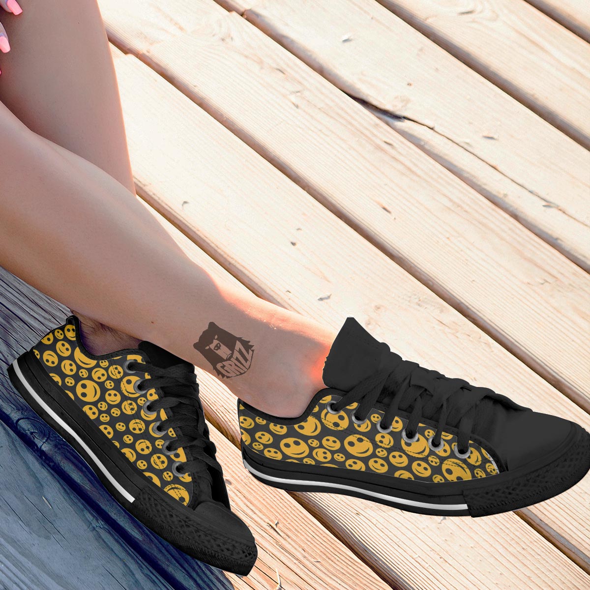 Emoji Smiley Faces Print Pattern Black Low Top Shoes-grizzshop