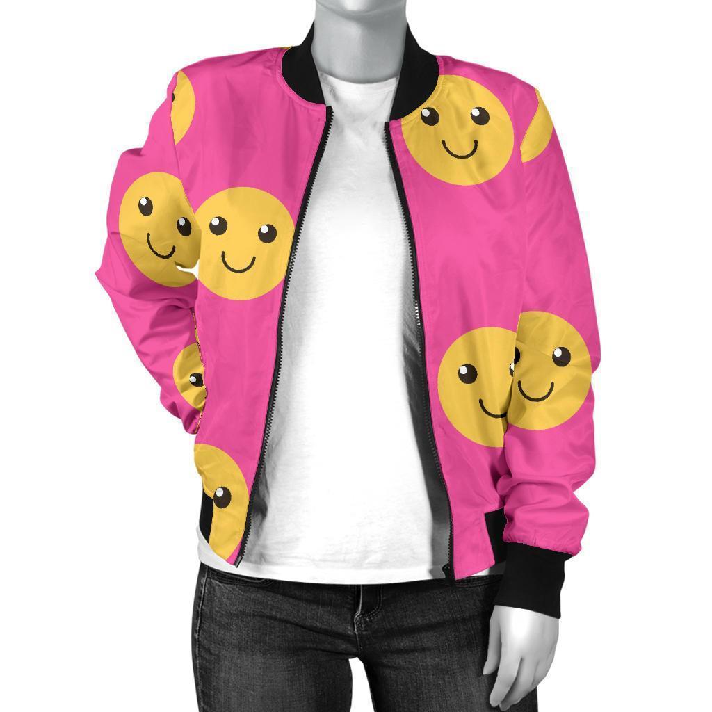 Emoji Pink Pattern Print Women Casual Bomber Jacket-grizzshop