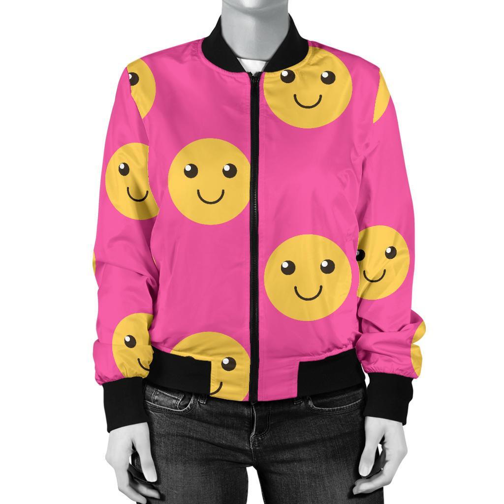 Emoji Pink Pattern Print Women Casual Bomber Jacket-grizzshop