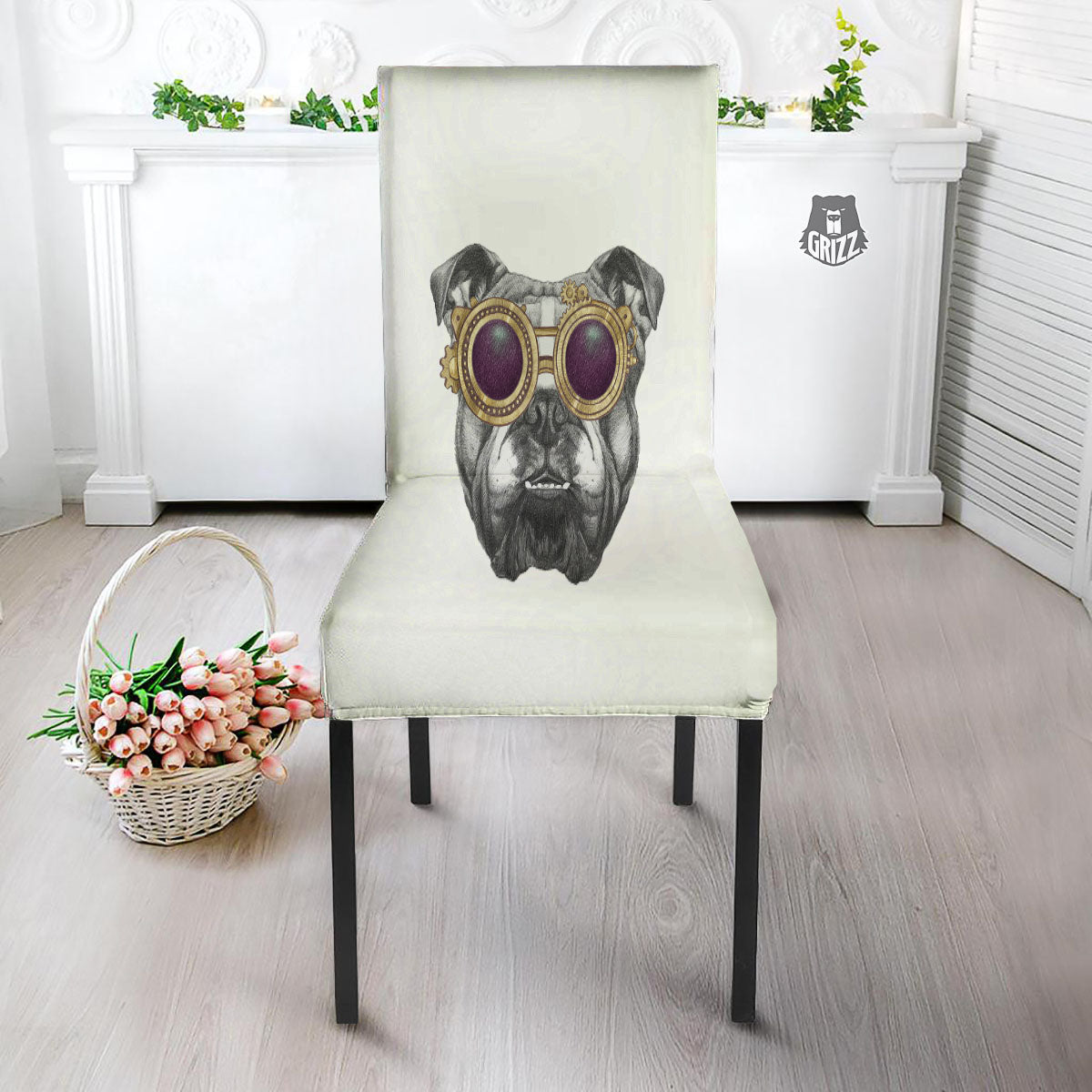 English Bulldog Wearing Glasses Print Dining Chair Slipcover-grizzshop