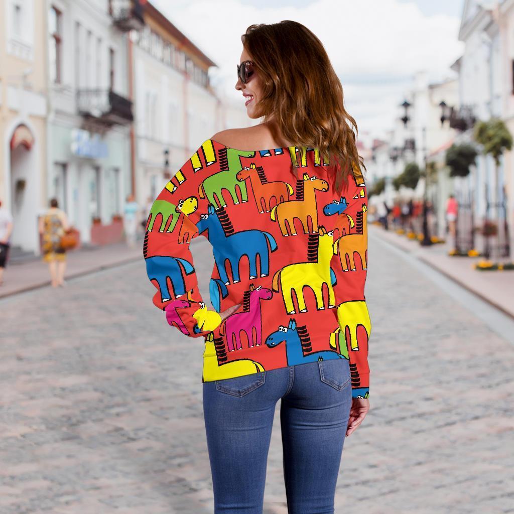 Equestrian Colorful Pattern Print Women Off Shoulder Sweatshirt-grizzshop