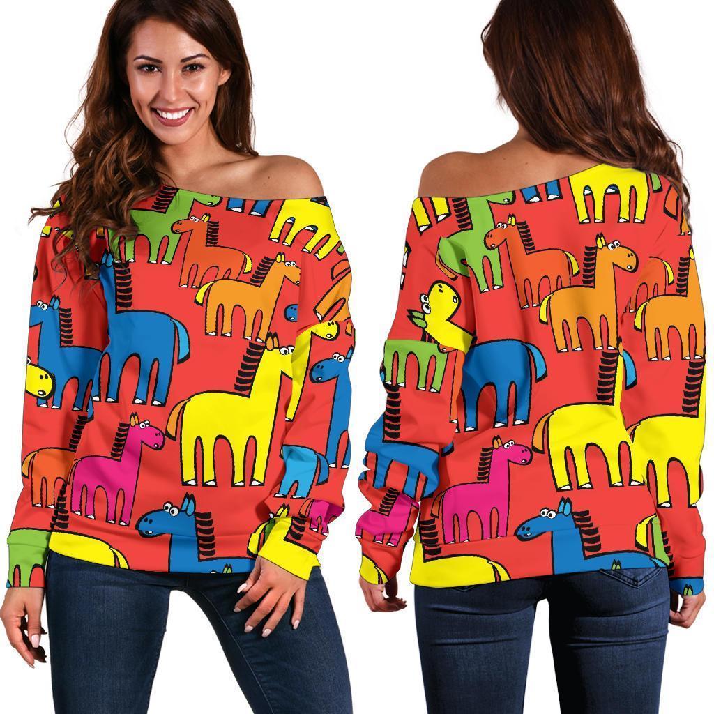 Equestrian Colorful Pattern Print Women Off Shoulder Sweatshirt-grizzshop
