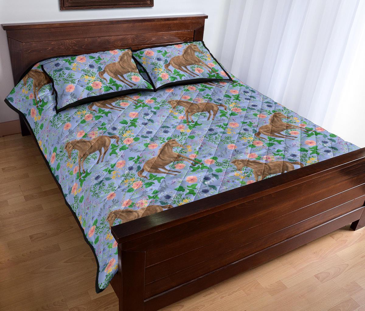 Equestrian Floral Pattern Print Bed Set Quilt-grizzshop