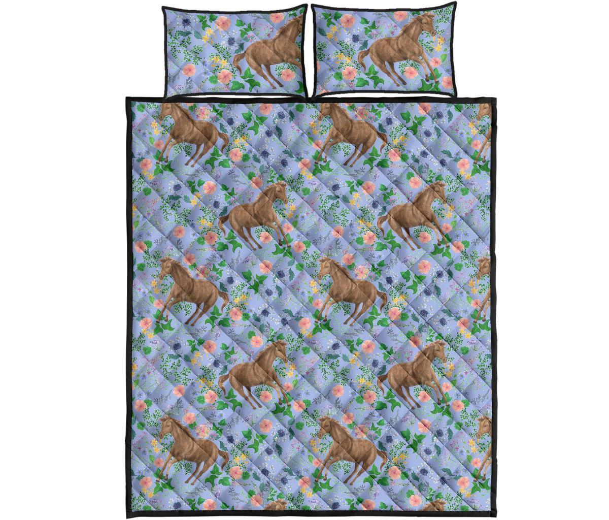 Equestrian Floral Pattern Print Bed Set Quilt-grizzshop