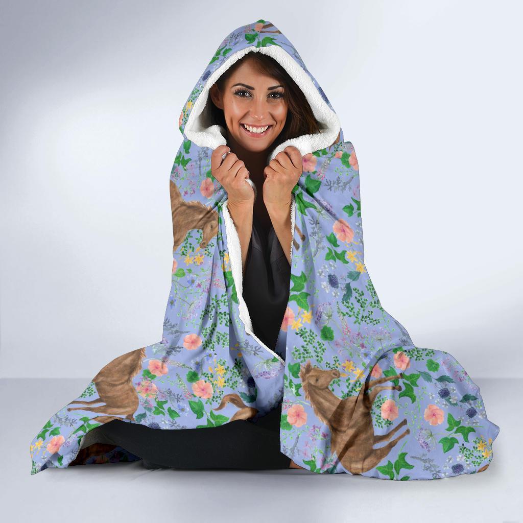 Equestrian Floral Pattern Print Hooded Blanket-grizzshop