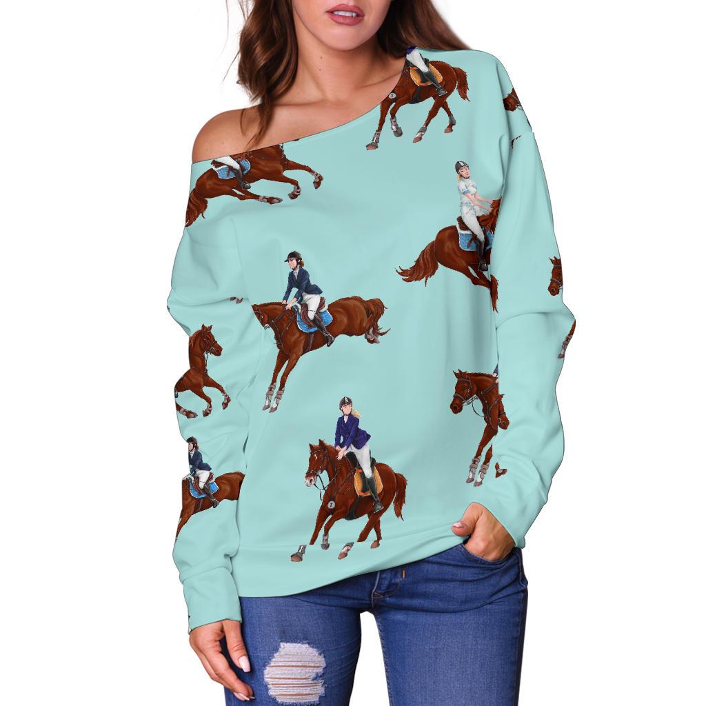 Equestrian Print Pattern Women Off Shoulder Sweatshirt-grizzshop