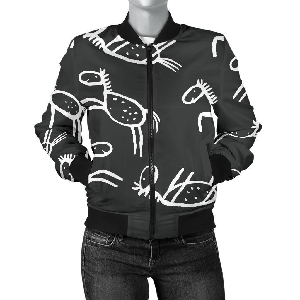 Equestrian Drawn Pattern Print Women Casual Bomber Jacket-grizzshop