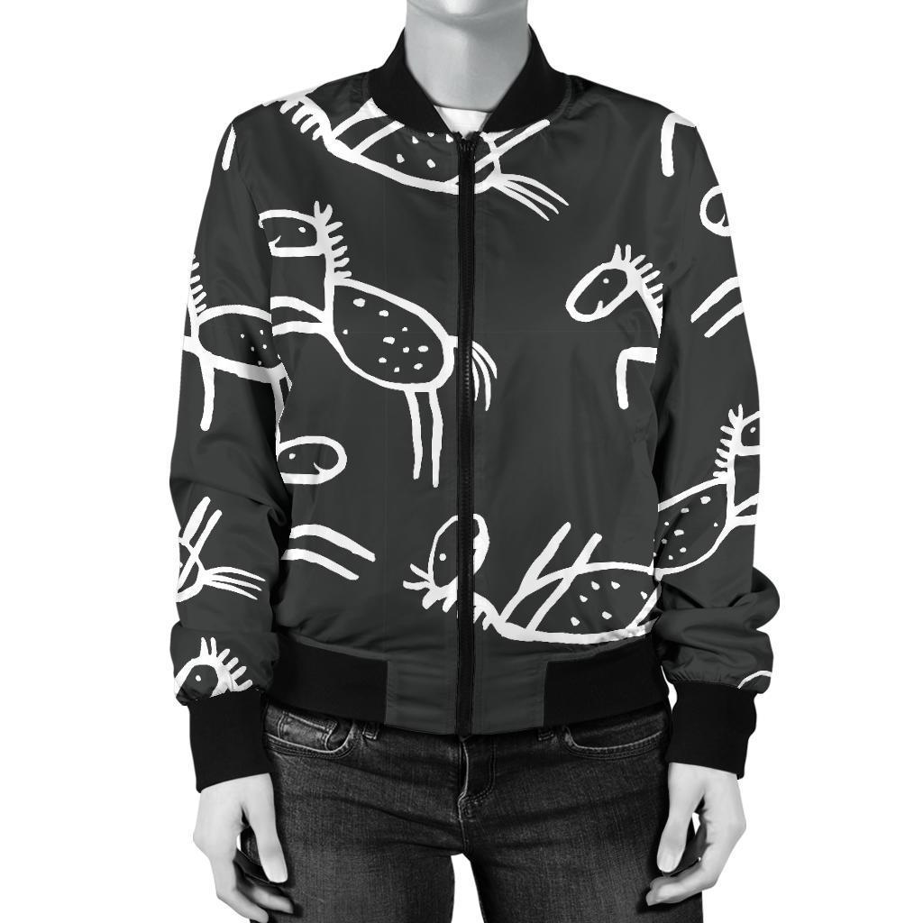 Equestrian Drawn Pattern Print Women Casual Bomber Jacket-grizzshop