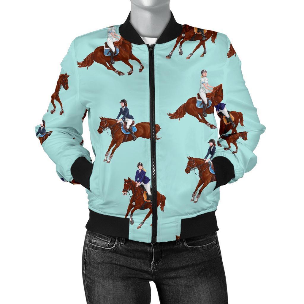 Equestrian Print Pattern Women Casual Bomber Jacket-grizzshop