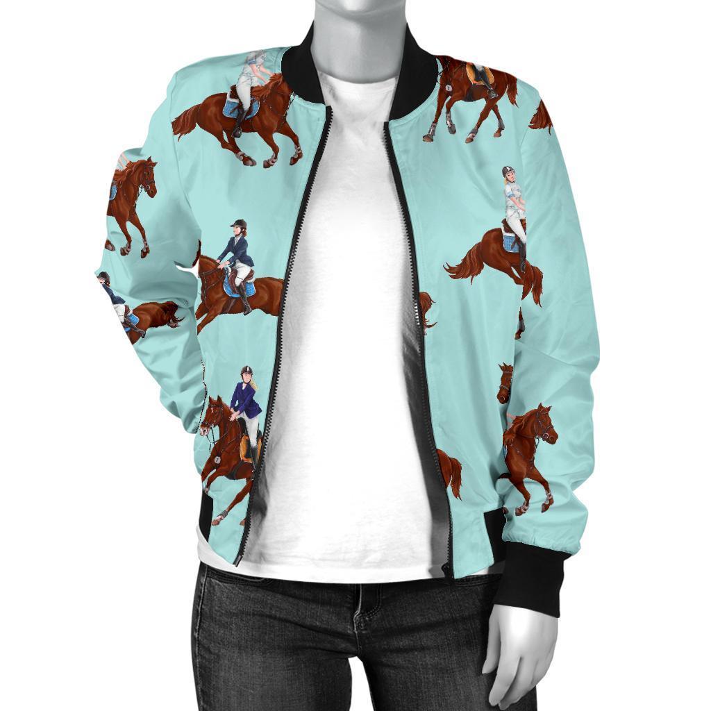 Equestrian Print Pattern Women Casual Bomber Jacket-grizzshop