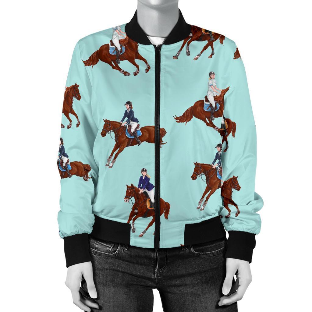 Equestrian Print Pattern Women Casual Bomber Jacket-grizzshop