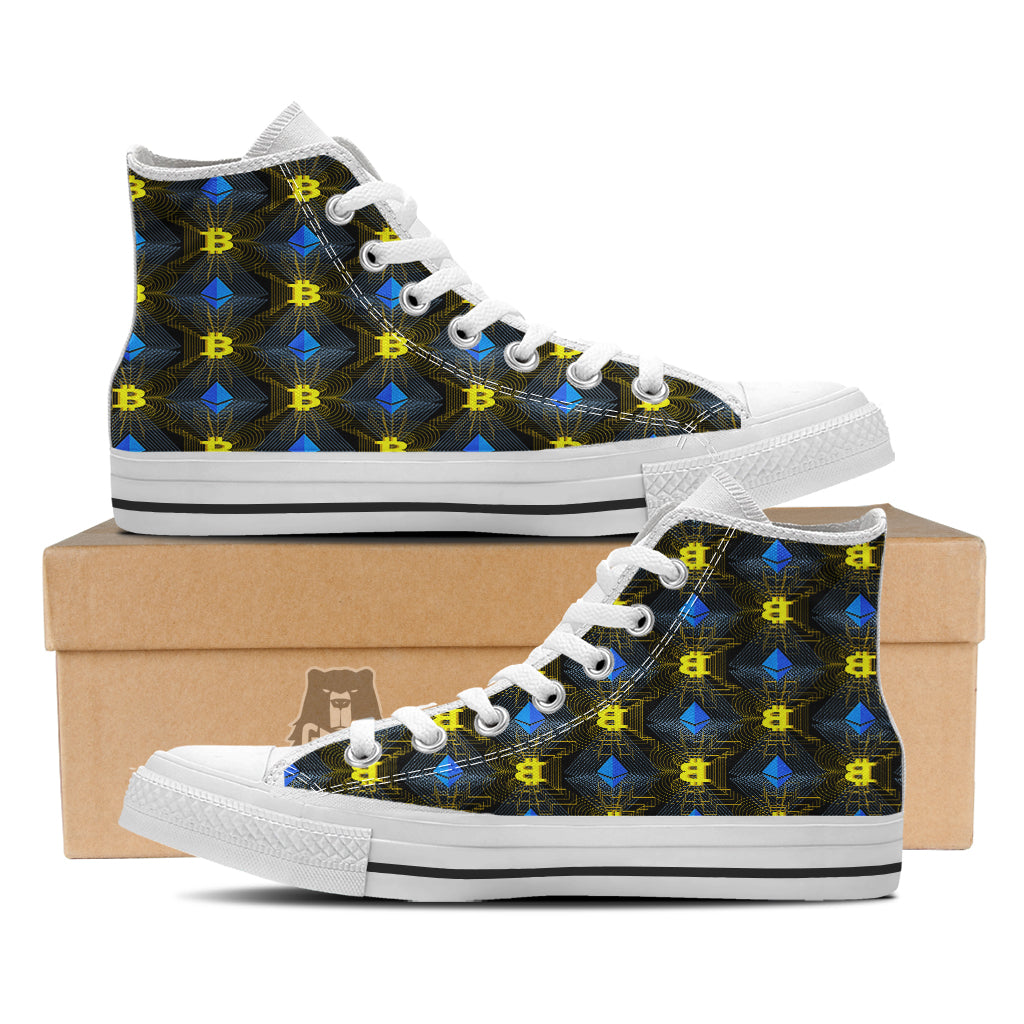 Ethereum And Bitcoin Print Pattern White High Top Shoes-grizzshop